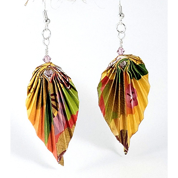 Hand Folded Origami Leaf Earrings Yellow Multi-color with Bead Accents - Picture 6 of 6